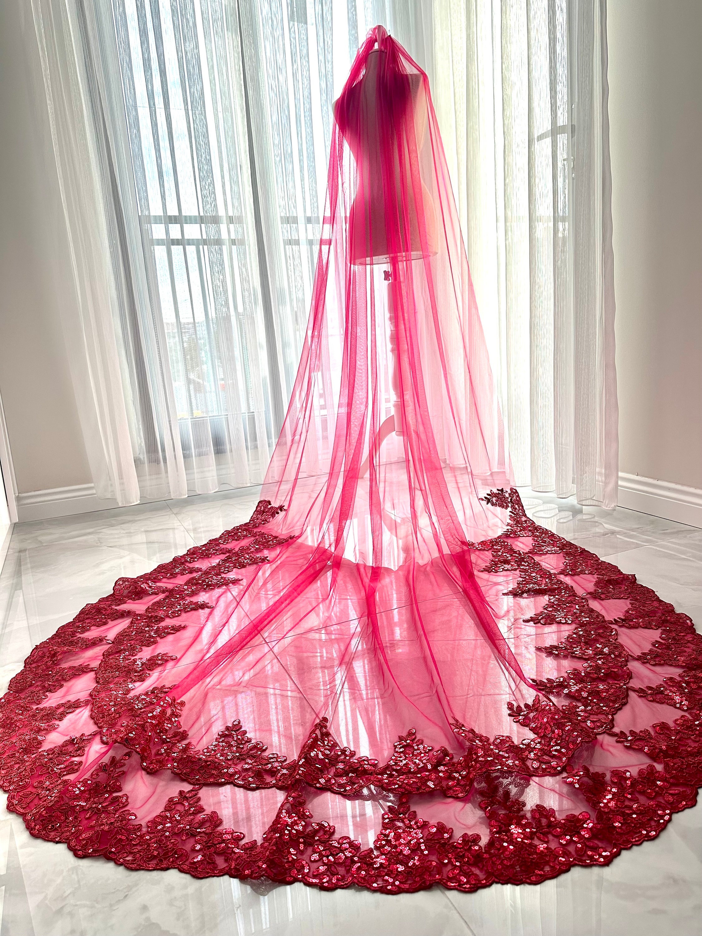 Gorgeous Burgundy Bridal Veil Red Embroidered Wedding Cape Long