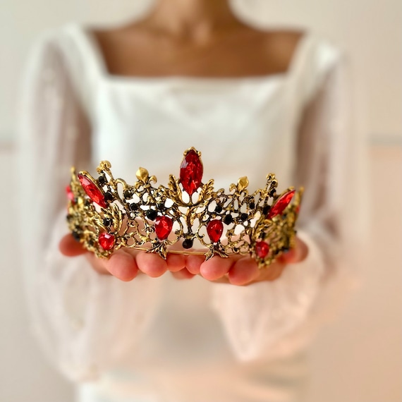 Baroque Red Crystal Tiara Bronze Wedding Crown Red  display picture 2