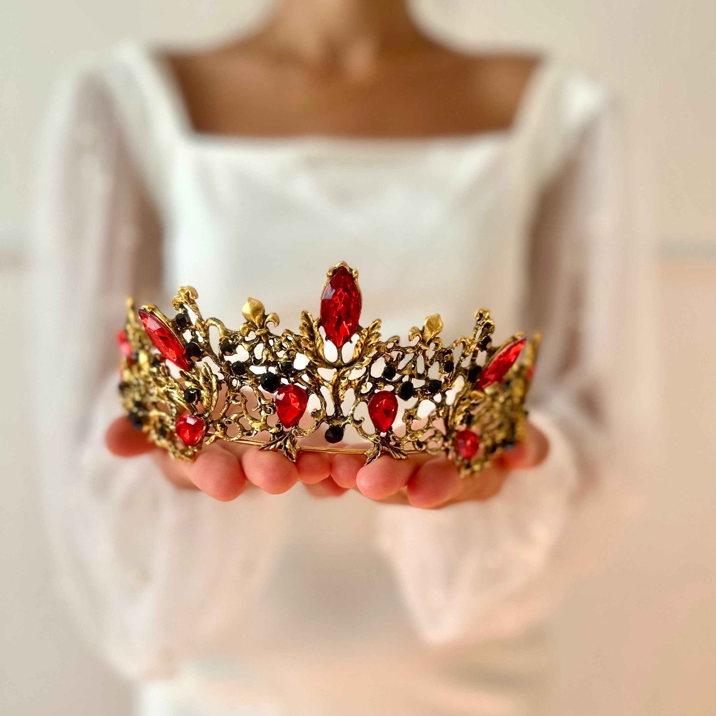 Baroque Red Crystal Tiara Bronze Wedding Crown Red 