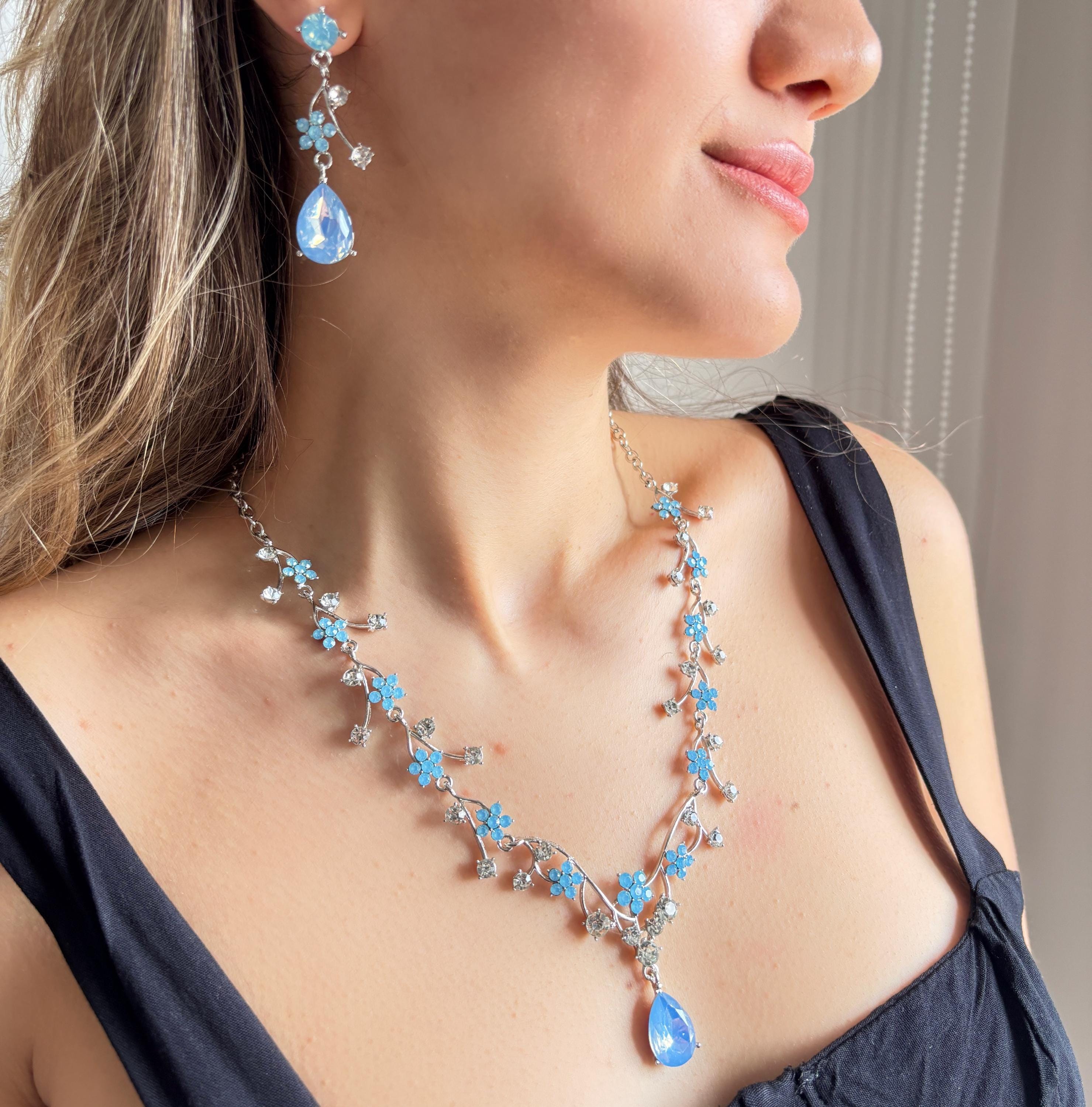 Blue Opal Crystal Jewelry Set, Silver Bridal Necklace Earrings Set, Aqua Blue Wedding Pendant, Blue Quinceanera Jewelry, Blue Drop Earrings