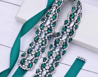 Emerald Green Pearl Bridal Sash Belt Crystal Wedding  display picture 1