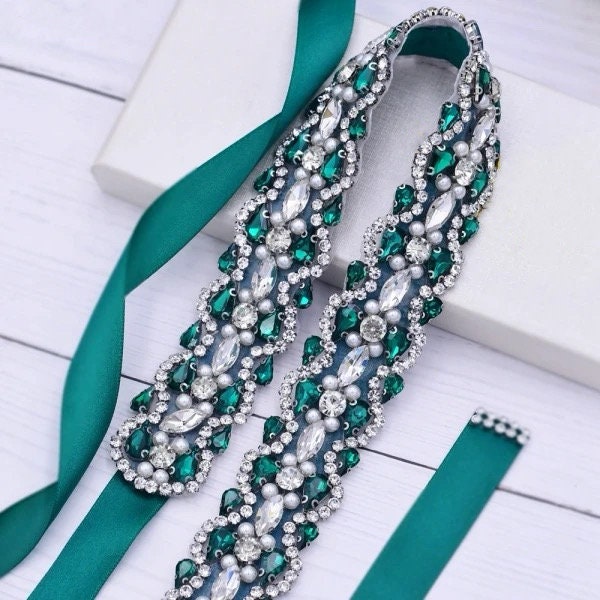 Accessories by Pearl Brass and Suede Wide Belt in Emerald Green Emerald Green Pearl Bridal Sash Belt Crystal Wedding  main image 3