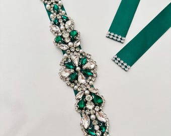 Green Rhinestone Pearl Belt Floral Wedding Belt, Bridella 