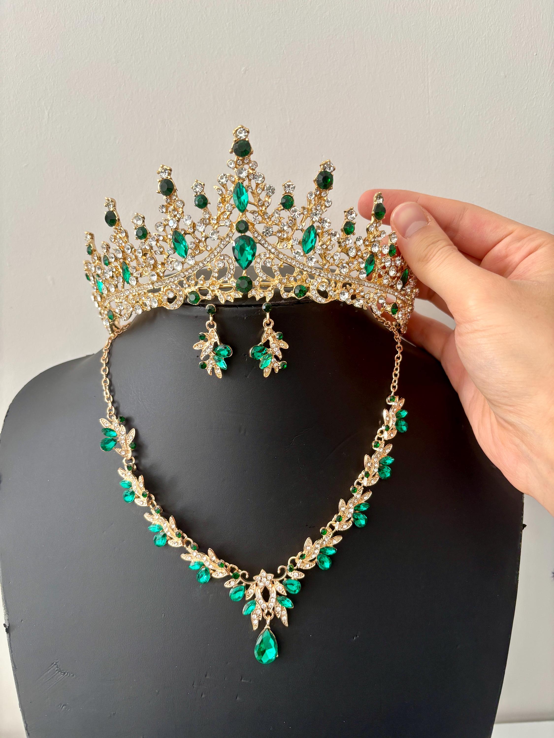 Baroque Emerald Green Crystal Tiara Set, Gold Leaf Necklace Earrings ...