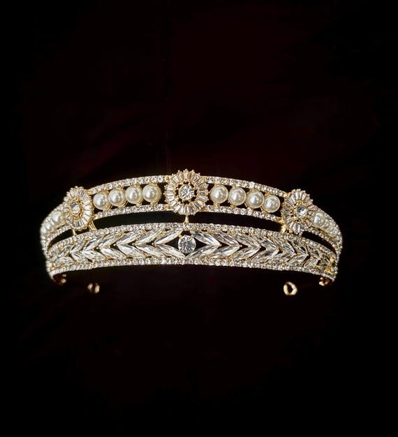 Gold Crystal Wedding Tiara,pearl Bridal Crown,2 Layered  display picture 2