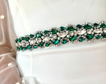 Emerald Green Pearl Bridal Sash Belt Crystal Wedding  display picture 1