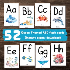 52 carte dell'alfabeto oceanico 5x7, carte flash Montessori, carte dalla A alla Z, scuola domestica, carte per la scuola materna, stampe educative per bambini, download immediato