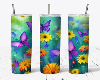 20oz Skinny Tumbler Flowers and Purple Butterflies Sublimation Design Template, Tumbler Straight PNG Digital Download, Tumbler Wrap, Field