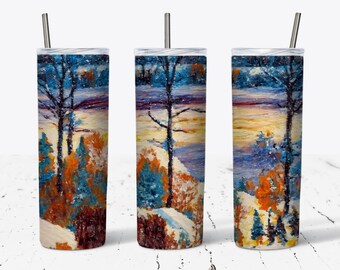 20oz Skinny Tumbler Blue Winter Landscape Sublimation Design Template, Tumbler Straight PNG Digital Download, Tumbler Wrap, Winter, Snow