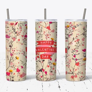 20oz Skinny Tumbler Flowers and Hearts Happy Valentine&#39; s Day Sublimation Design Template, Tumbler Straight Digital Download, Tumbler Wrap