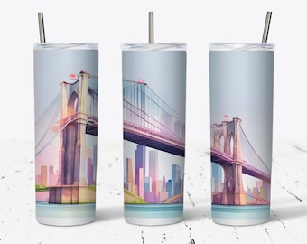 20oz Skinny Tumbler Brooklyn Bridge New York City Sublimation Design Template, Tumbler Straight Digital Download Artwork, Painting, Design