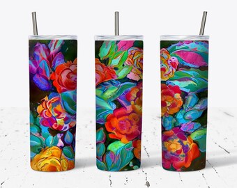 20oz Skinny Tumbler Colorful Flowers Sublimation Design Template, Tumbler Straight PNG Digital Download, Tumbler Wrap, Flowers, Colors, Red