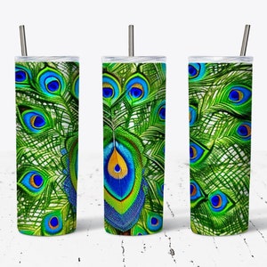 20oz Skinny Tumbler Peacock Feathers Sublimation Design Template, Tumbler Straight PNG Digital Download, Tumbler Wrap, Art, Birds, Colors