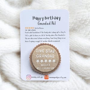 May include: A birthday card with the message "Happy Birthday Grandad Pal" and a felt badge that reads "Five Star Grandad Would Recommend". The card also features a verified review and the Etsy shop's details.
