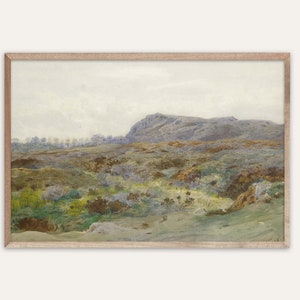 Vintage rustieke Schotland Moorland Landschap schilderij | Antieke neutrale tinten | Kunst aan de muur en woondecoratie