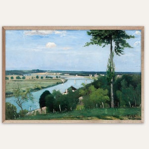 Vintage Scenic View of River Landscape Painting Print | French Countryside | Antique Art | Wall Art and Home Decor