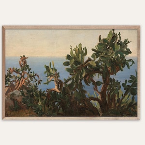 Vintage Study of Cactus Landscape Painting Print | Western Antique Art | Coastal Pacific | Wall Decor