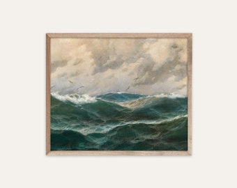Vintage Maritime Malerei | Ocean Blues and Teal Waves | Stürmisches Meeresbild | Wandkunst