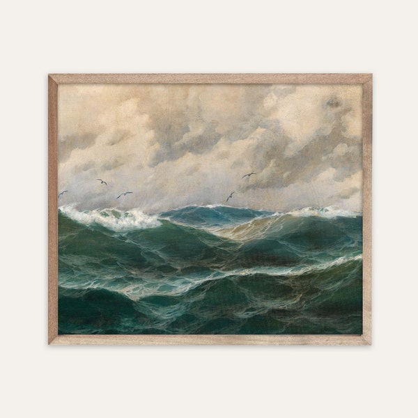 Vintage Maritime Painting Print | Ocean Blues and Teal Waves | Stormy Seascape | Wall Art