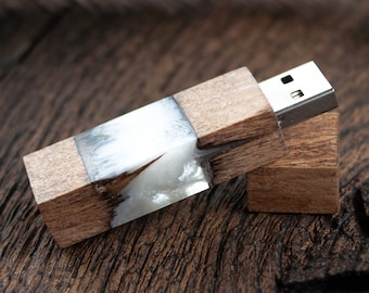 Handmade crystal rustic flash drives from Ukraine | Personalized wood and resin white wedding usb stick with led light