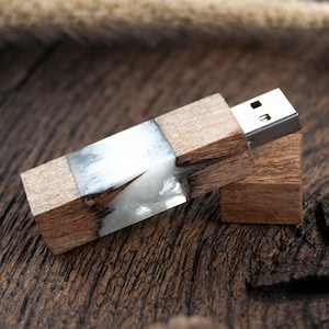Handmade crystal rustic flash drives from Ukraine | Personalized wood and resin white wedding usb stick with led light