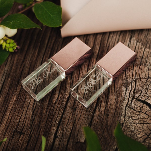 Glass flash drive with laser engraving, wedding crystal flash drive, personalized drive for a wedding, USB Stick Rose Gold Silver