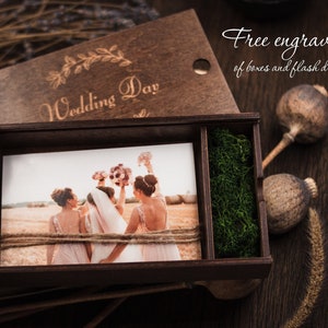 Custom wooden photo box for 4x6" (10x15) prints, memory photography box for wedding photos and usb drive 3.0