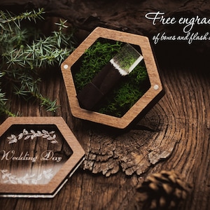 Hexagonal engraved wedding wooden box | Glass handmade flash drive 3.0 with custom logo