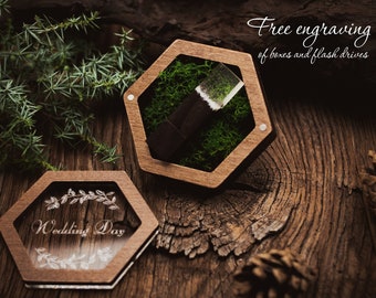 Hexagonal engraved wedding wooden box | Glass handmade flash drive 3.0 with custom logo