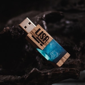 Crystal handmade flash drive with personalization | USB 3.0 wooden and blue epoxy resin engraving stick