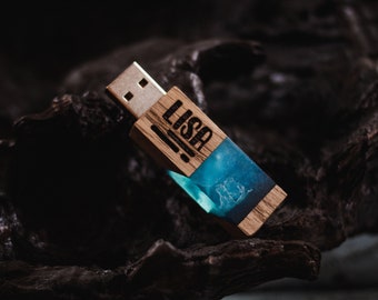 Crystal handmade flash drive with personalization | USB 3.0 wooden and blue epoxy resin engraving stick