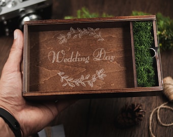 Wooden photo box with engraving for 4x6" (10x15 mm) photos. Box and flash drive 3.0 for wedding and family photos