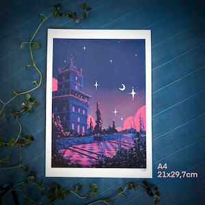 Stampa artistica con illustrazione di notte stellata - Stampa su carta da 300 g - Disegno rosa e blu - Decorazione murale - Regalo - Stampa artistica romantica