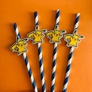May include: Four blue and white striped paper straws with yellow Pikachu character cutouts attached. The straws are perfect for a birthday party or any celebration.