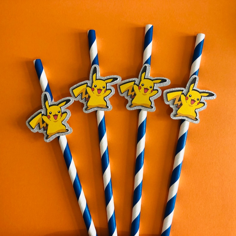 May include: Four blue and white striped paper straws with yellow Pikachu character cutouts attached. The straws are perfect for a birthday party or any celebration.