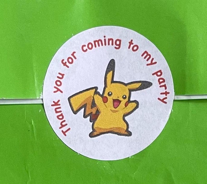 May include: A white round sticker with the text "Thank you for coming to my party" in red. A yellow cartoon character with a red smile is in the centre of the sticker.