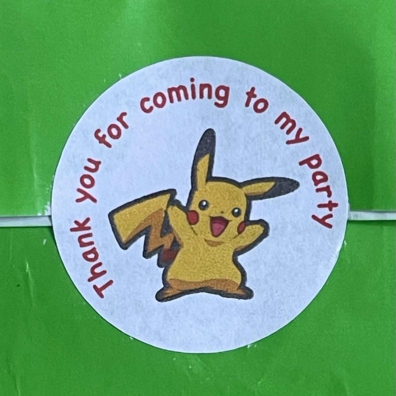 May include: A white round sticker with the text "Thank you for coming to my party" in red lettering. A yellow cartoon character with a lightning bolt tail is in the center of the sticker.