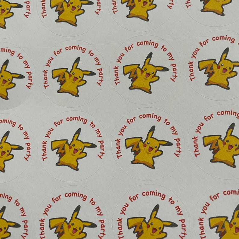 May include: Round stickers with a yellow cartoon character and the text "Thank you for coming to my party".