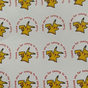 May include: Round stickers featuring a yellow cartoon character with a lightning bolt tail. The stickers read "Thank you for coming to my party".