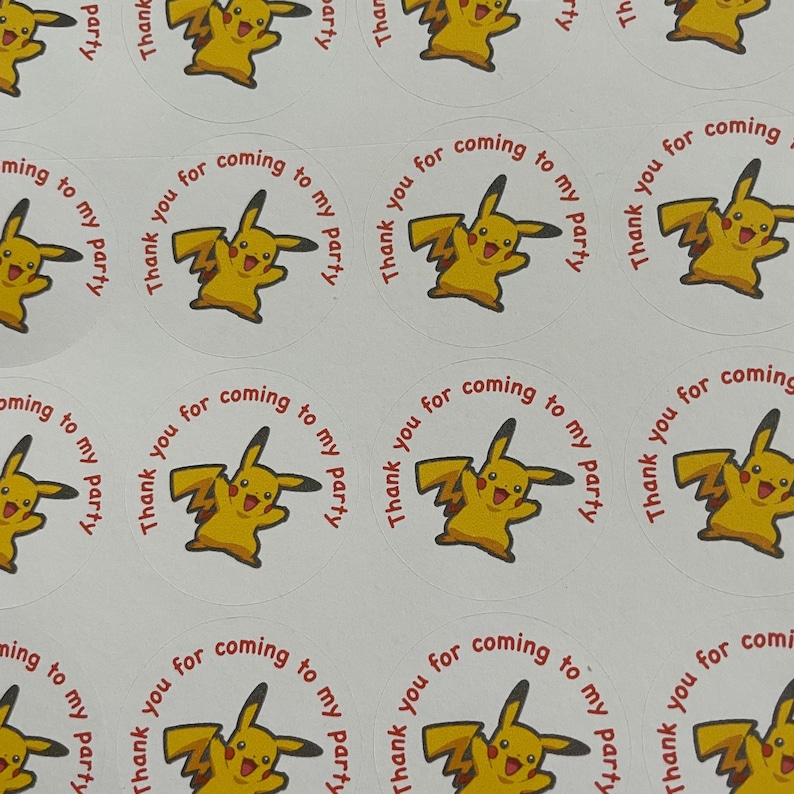 May include: Round stickers featuring a yellow cartoon character with a lightning bolt tail. The stickers read "Thank you for coming to my party".