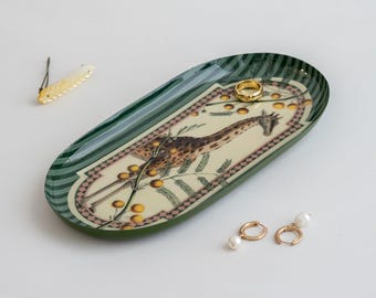 Oval Enamel Tray with Vintage Giraffe Illustration | Trinket Dish, Catchall Home Decor