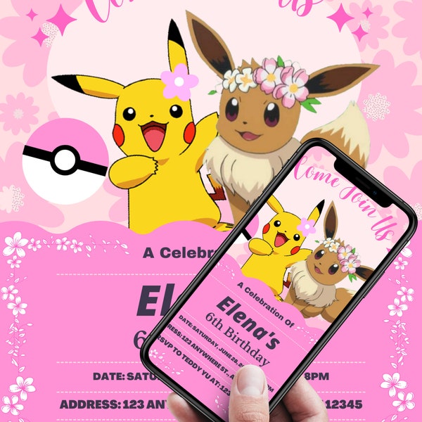 Pokemon invitations, custom invitations, pokemon decorations, digital downloads, pickatchu invitations, Eevee birthday, Eevee invitations