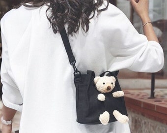 Cute Teddy Bear Crossbody Bag Canvas Shoulder Bucket Bag, Simple and Versatile