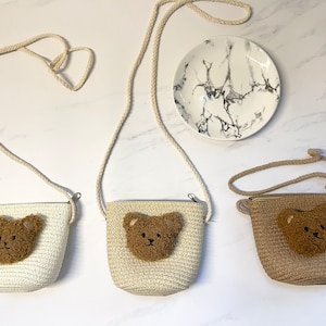 Bolso tejido cruzado de dibujos animados para niños con osito de peluche - Mini monedero lindo con cremallera