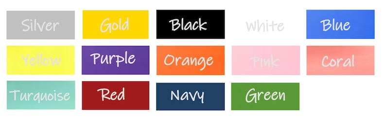 Pode incluir: Uma cole&ccedil;&atilde;o de amostras de cores, cada uma com um fundo de cor diferente e um nome de cor correspondente em escrita branca. As cores incluem prata, ouro, preto, branco, azul, amarelo, roxo, laranja, rosa, coral, turquesa, vermelho, marinho e verde.