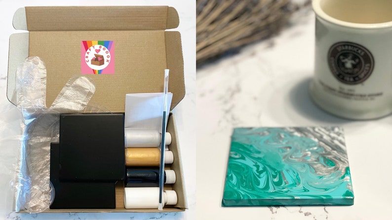 Peut inclure: Un kit de cr&eacute;ation artistique pour r&eacute;aliser une &oelig;uvre marbr&eacute;e. Le kit comprend une petite toile, de la peinture et des outils. Le produit fini est une toile marbr&eacute;e turquoise et argent.