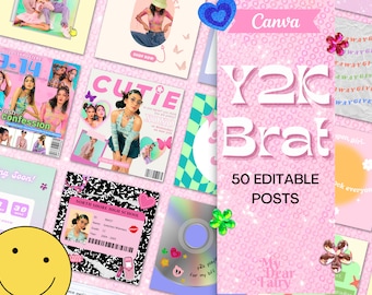 May include: A selection of Y2K-style digital templates for social media, featuring magazine covers, a school ID, and a CD. The design uses a pink and pastel colour scheme. Text includes "CUTIE", "9-14", and "Y2K Brat".