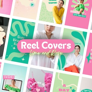 Op de afbeelding: Een verzameling van 12 Instagram-reelcovers met een limoengroen en roze kleurenschema met verschillende tekstoverlays. De tekst omvat "Hoe te", "Makkelijke ademhaling", "Trend", "Fashion Haul", "Stylingtips", "Een dag", "Tips voor" en "Weekvibe".