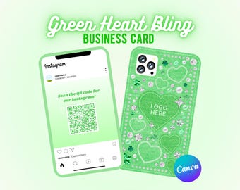 Modello di biglietto da visita verde modificabile, scheda per telefono cellulare Y2K, biglietto da visita con codice QR, bling, glamour e glitter, Canva personalizzabile, biglietto carino
