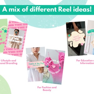 May include: A collage of images showing different ideas for creating Reels on social media. The images include a pink and green graphic with the text "A Day in My Life", a pink and green graphic with the text "Behind the Scenes", a woman holding a sign that says "Outfit of the Day", a pink and green graphic with the text "Fashion Haul", a laptop with a pink and green graphic that says "How to (your topic here)", and a woman holding a brown paper bag with a pink and green graphic that says "5 Tips for (your topic here)".